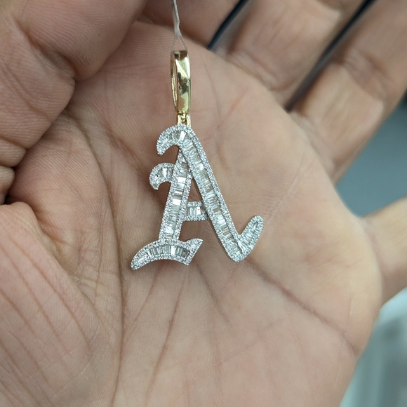 Real Diamond 10kt Yellow Gold Baguette Style Initial A Pendant